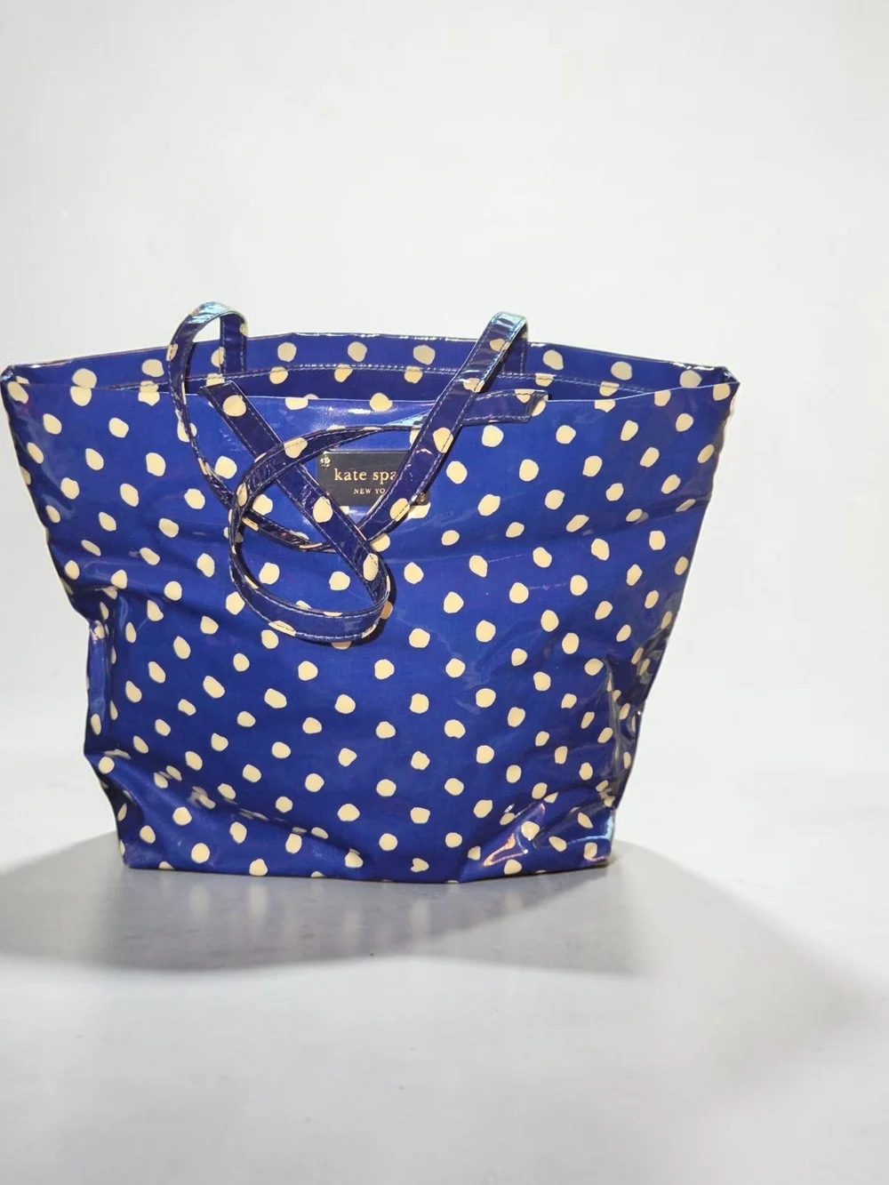 Kate Spade Story Book Lining Blue/White Polka Dot Tote Bag, EUC